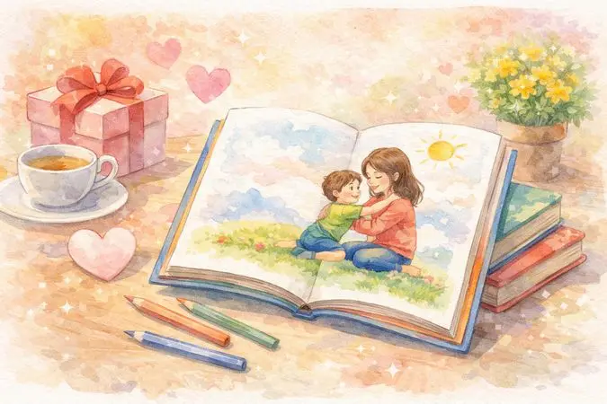 母の日に絵本をプレゼントするイラスト