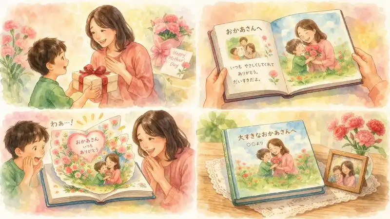 母の日に絵本をプレゼントするイラスト