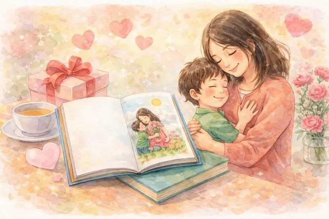 母の日に絵本をプレゼントするイラスト