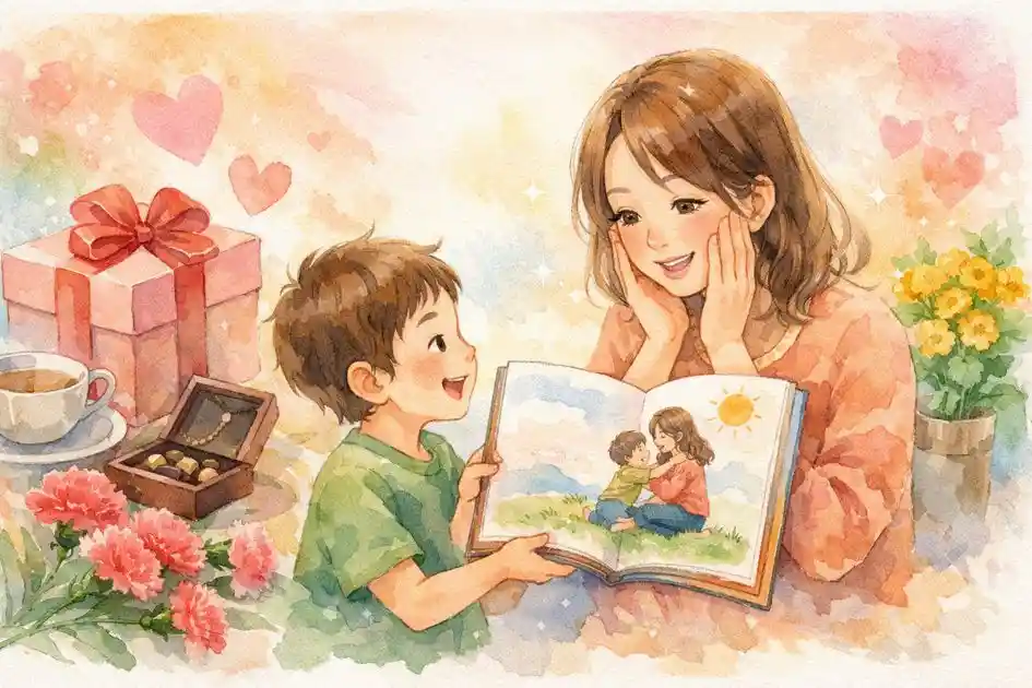母の日に絵本をプレゼントするイラスト